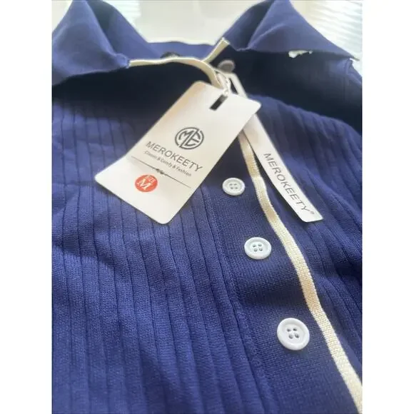 MEROKEETY Women's V Neck Ribbed Knit Maxi Dress Button Short Sleeve Slim Fit~M - Picture 6 of 13